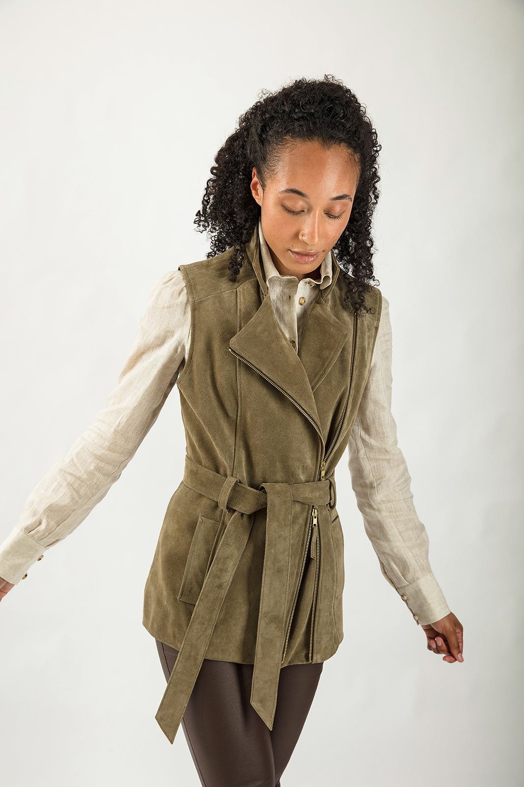 Belted Suede Gilet in Olive