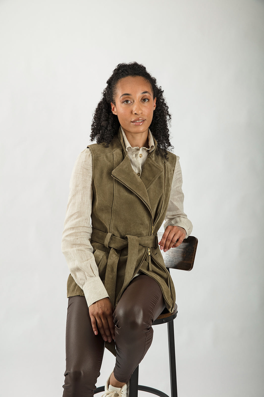 Belted Suede Gilet in Olive