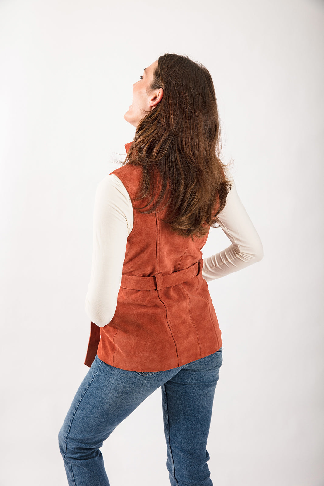 Belted Suede Gilet in Rust