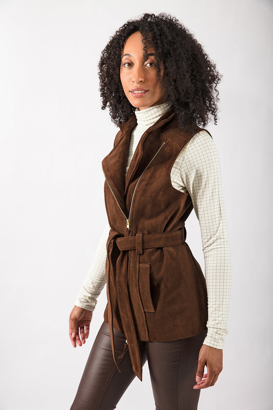 Belted Suede Gilet in Chocolate