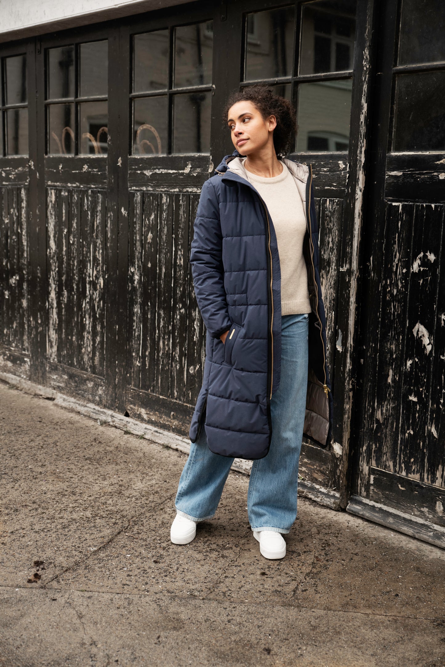 Hooded Longline Puffer in Navy