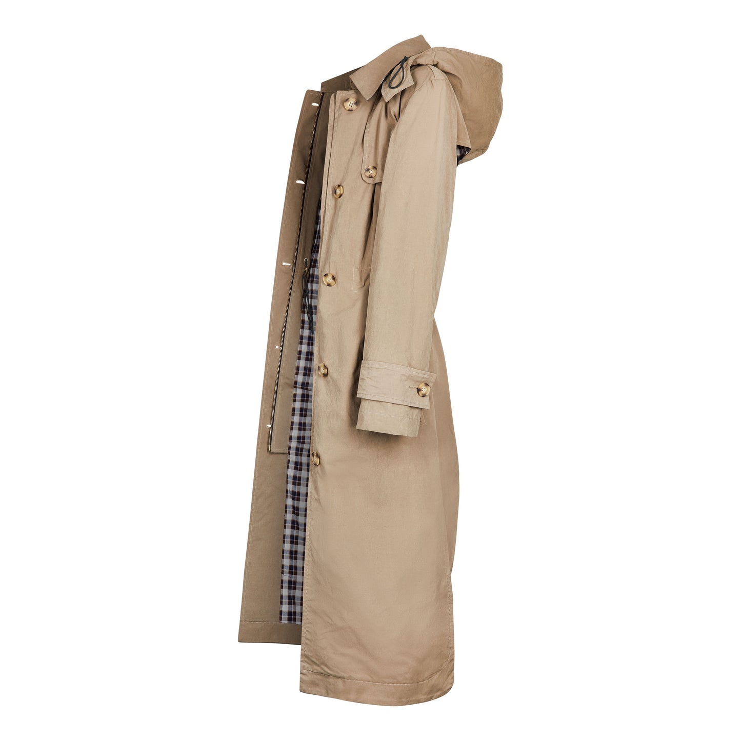 Classic Ladies British Trench Coat in Taupe coloured Cotton with a Contrast Check Lining