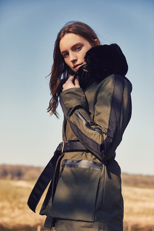 Wax Parka, Wax Jacket with Fur Trim, ski pass, belted, British Made Coat