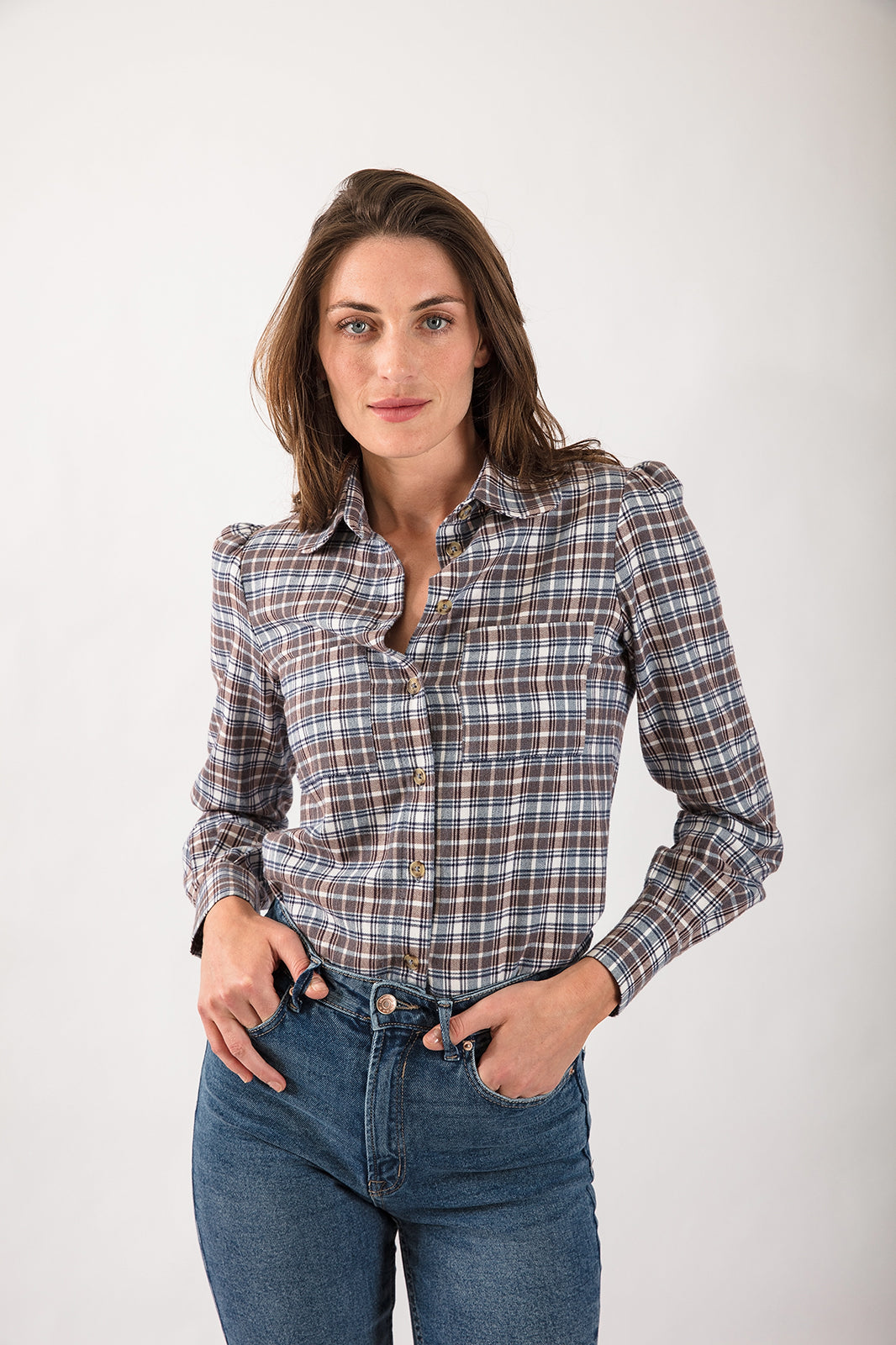 Round Collar Shirt in Blue Check