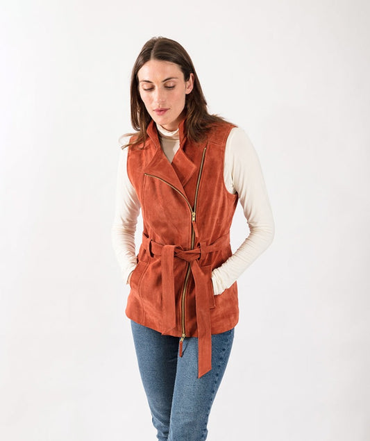 Belted Suede Gilet in Rust