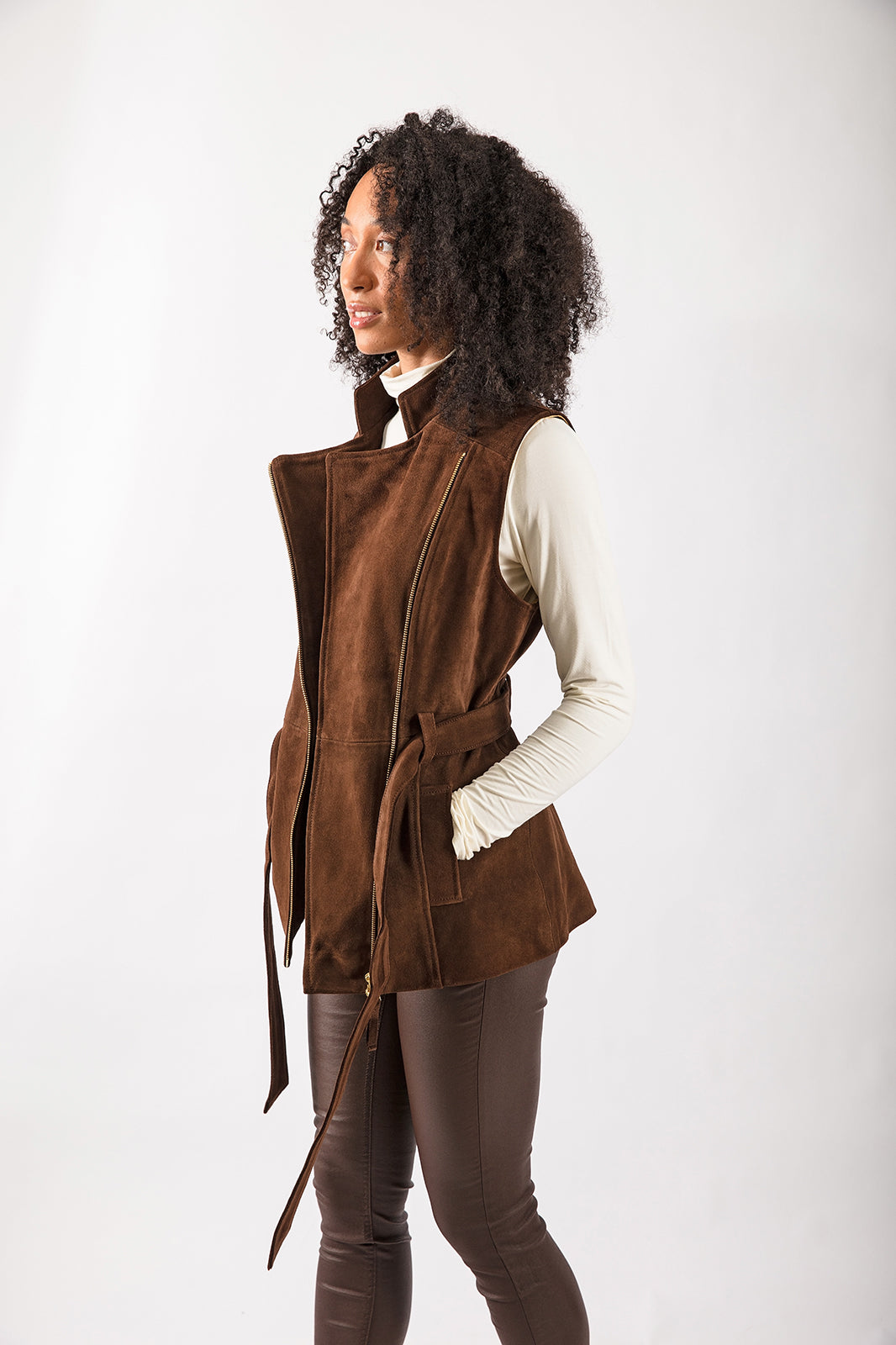 Belted Suede Gilet in Chocolate