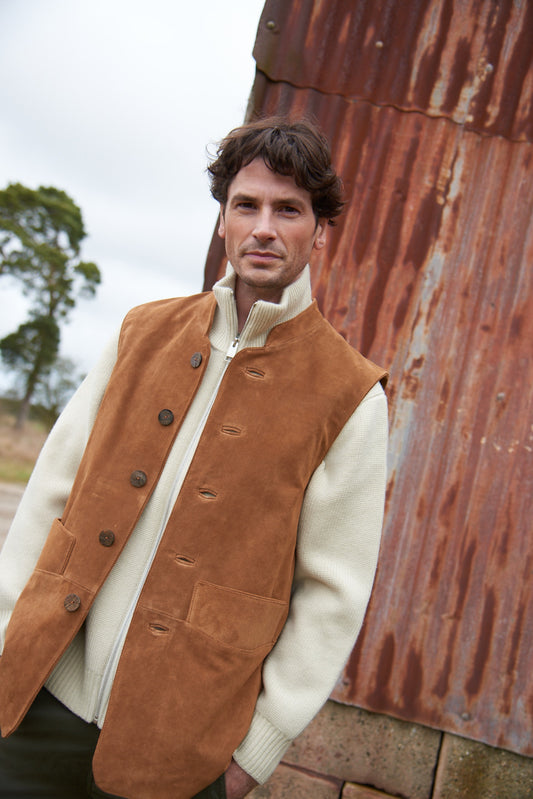 Men's Suede Gilet in Tan