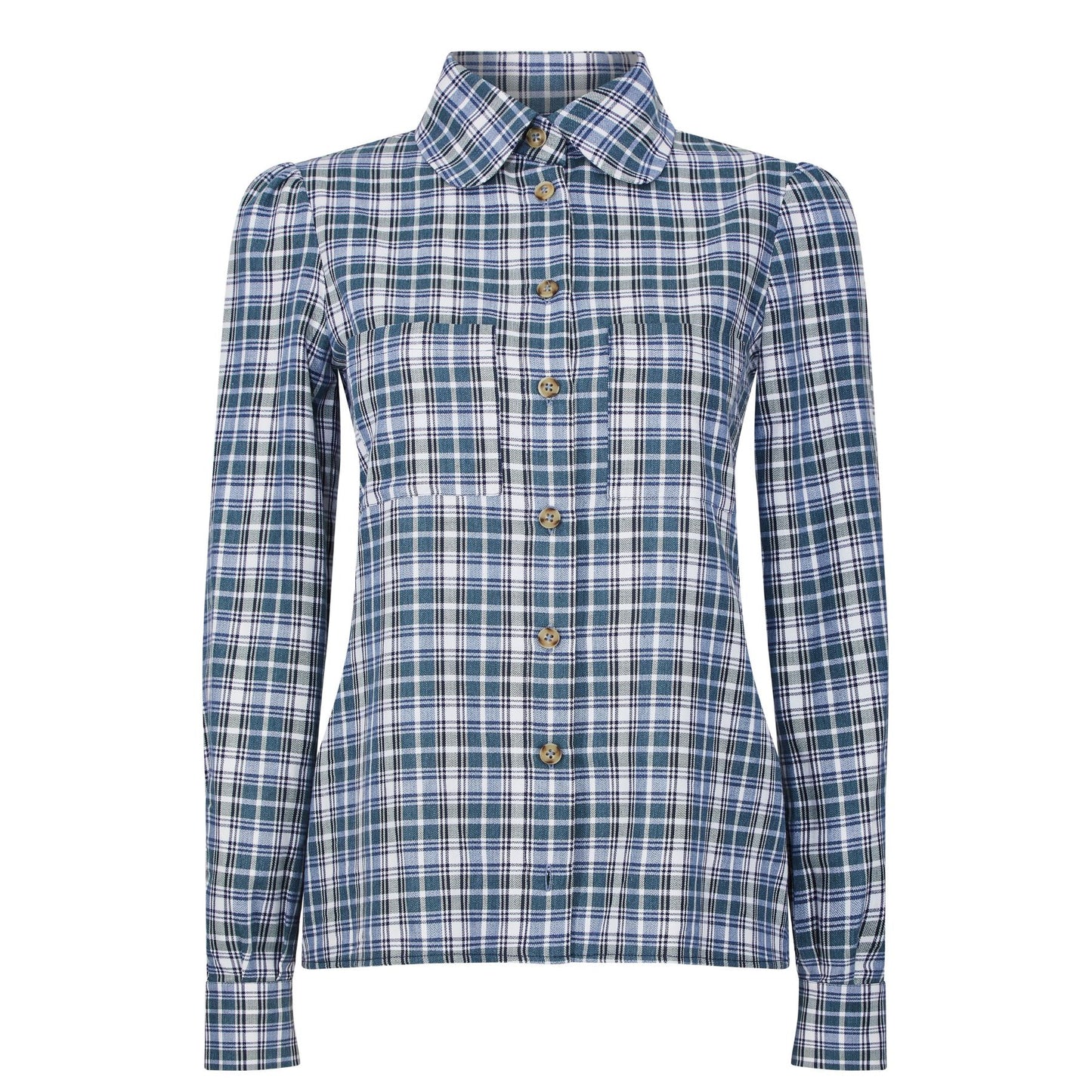 Round Collar Shirt in Green Check