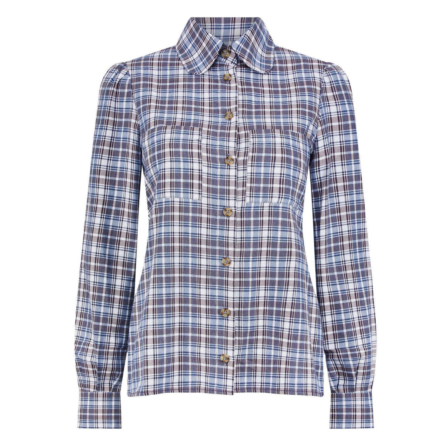 Round Collar Shirt in Blue Check