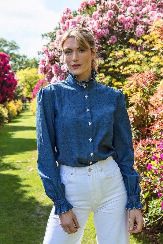 Frill Collar Shirt in Denim Blue