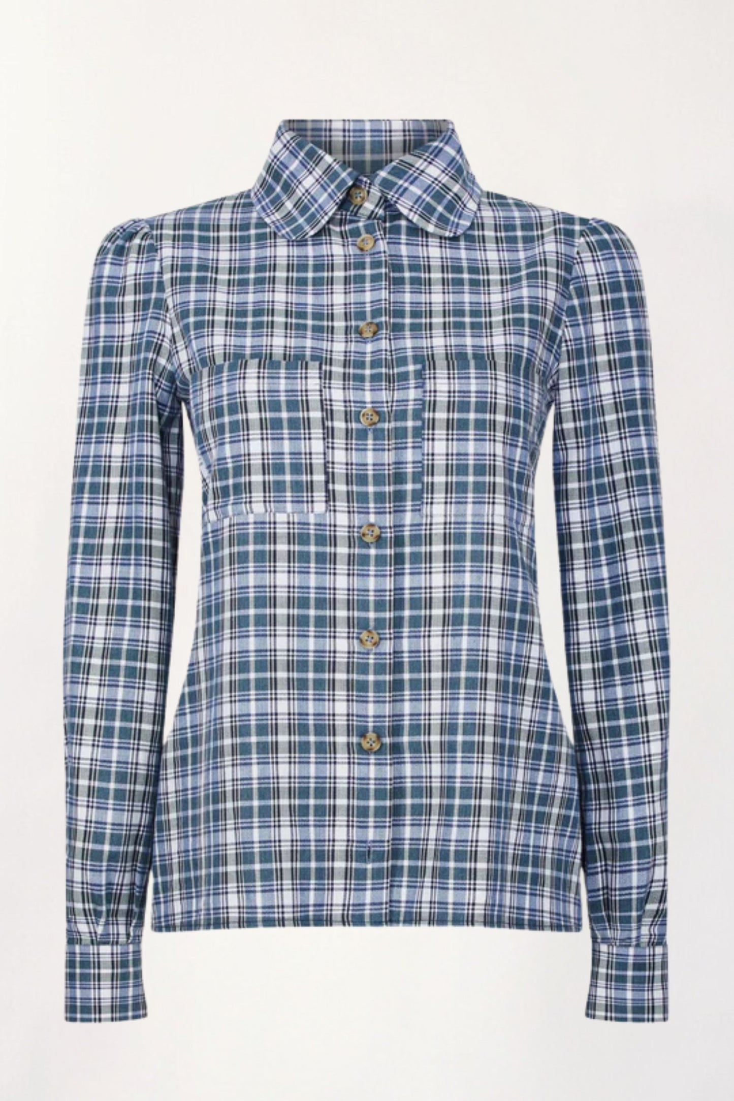 Round Collar Shirt in Green Check