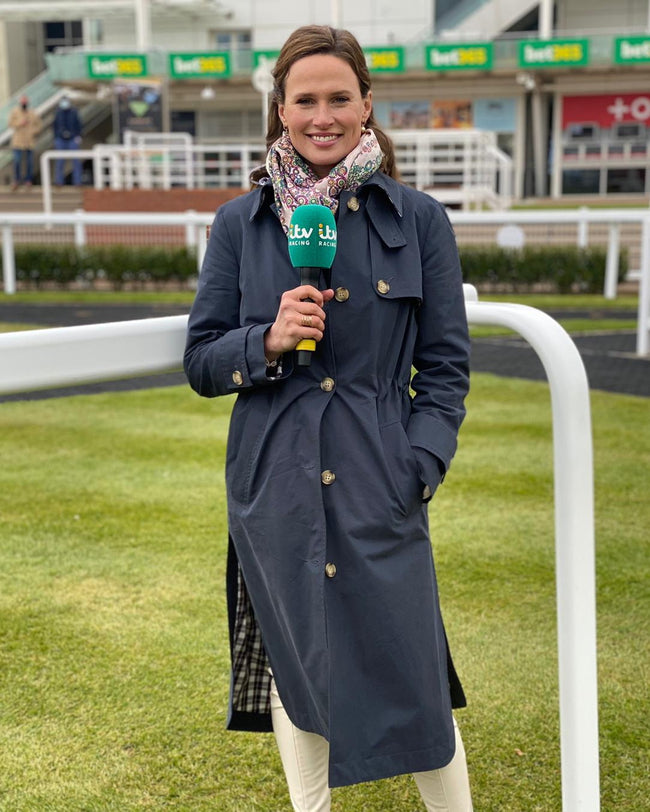 Classic Ladies British Trench Coat in Navy Blue Cotton with a Contrast Check Lining