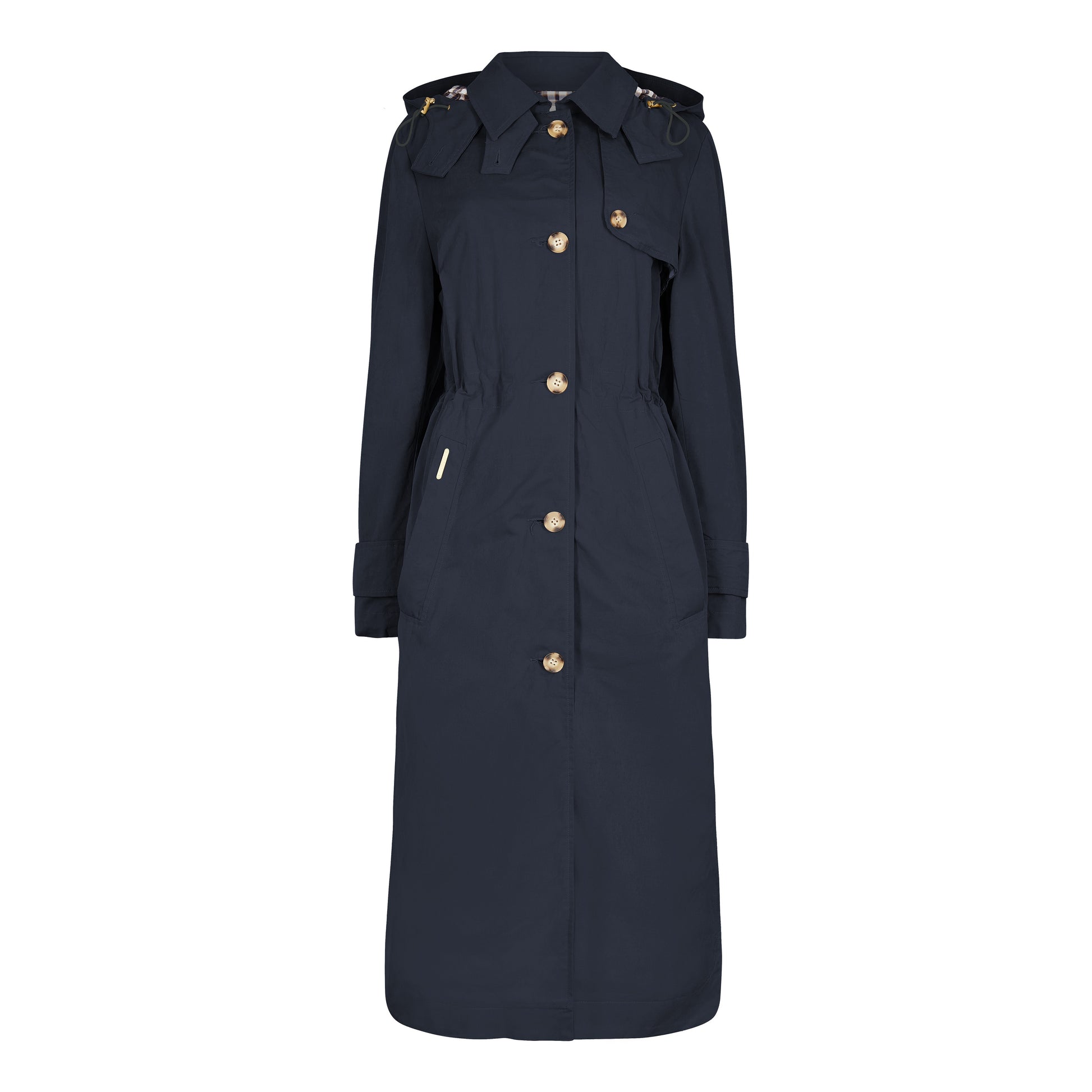 Classic Ladies British Trench Coat in Navy Blue Cotton with a Contrast Check Lining