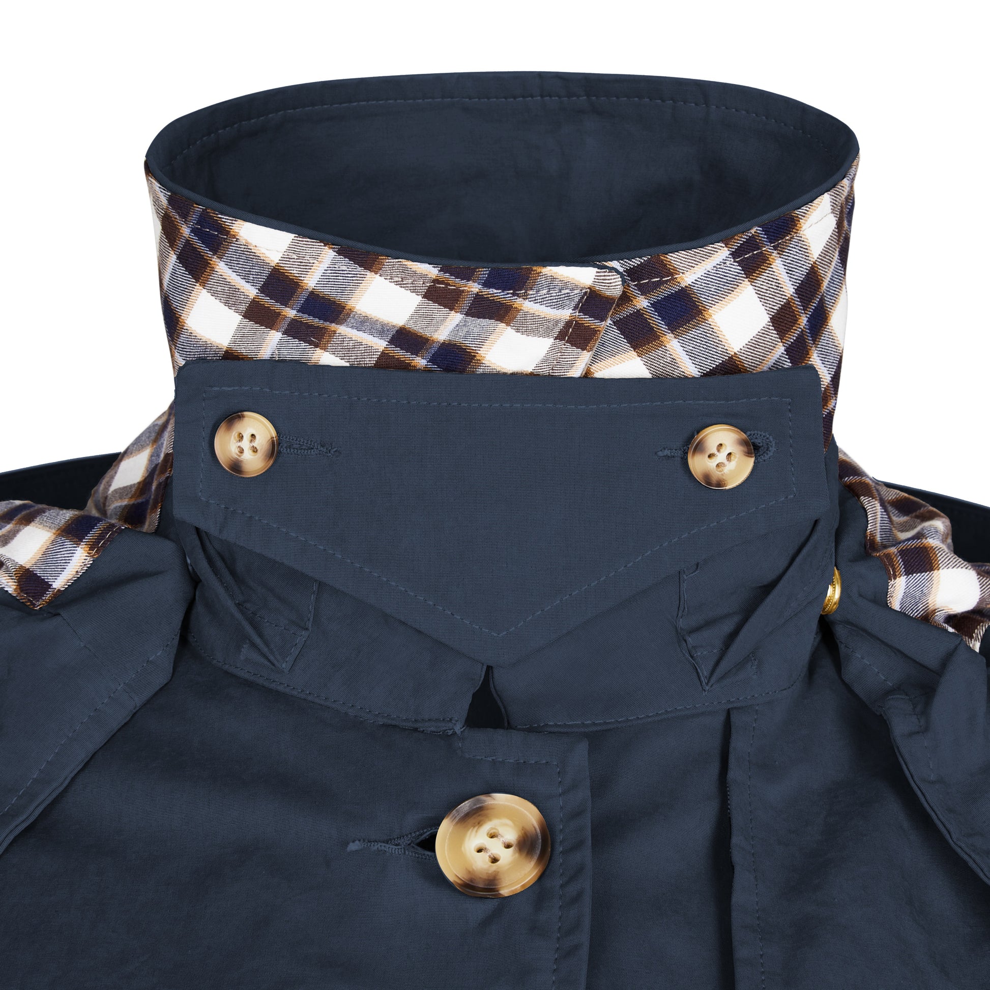 Classic Ladies British Trench Coat in Navy Blue Cotton with a Contrast Check Lining