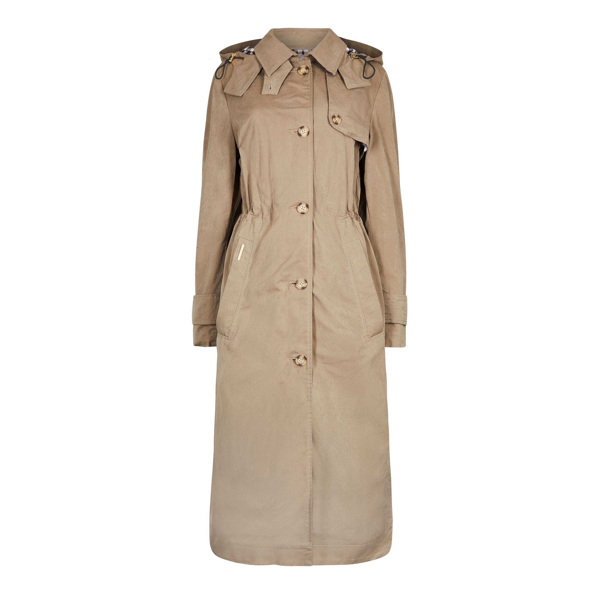 Classic Ladies British Trench Coat in Taupe coloured Cotton with a Contrast Check Lining