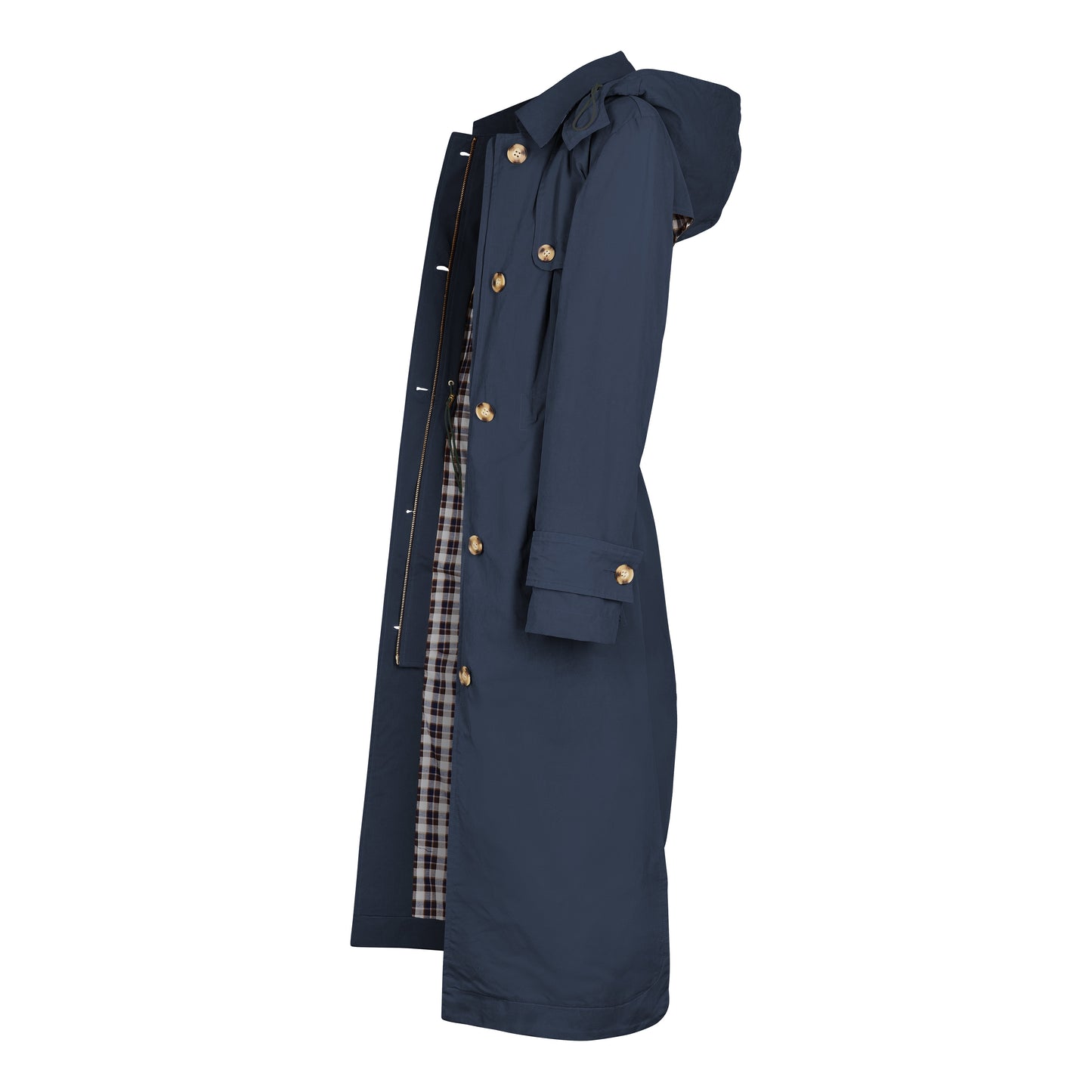 Classic Ladies British Trench Coat in Navy Blue Cotton with a Contrast Check Lining