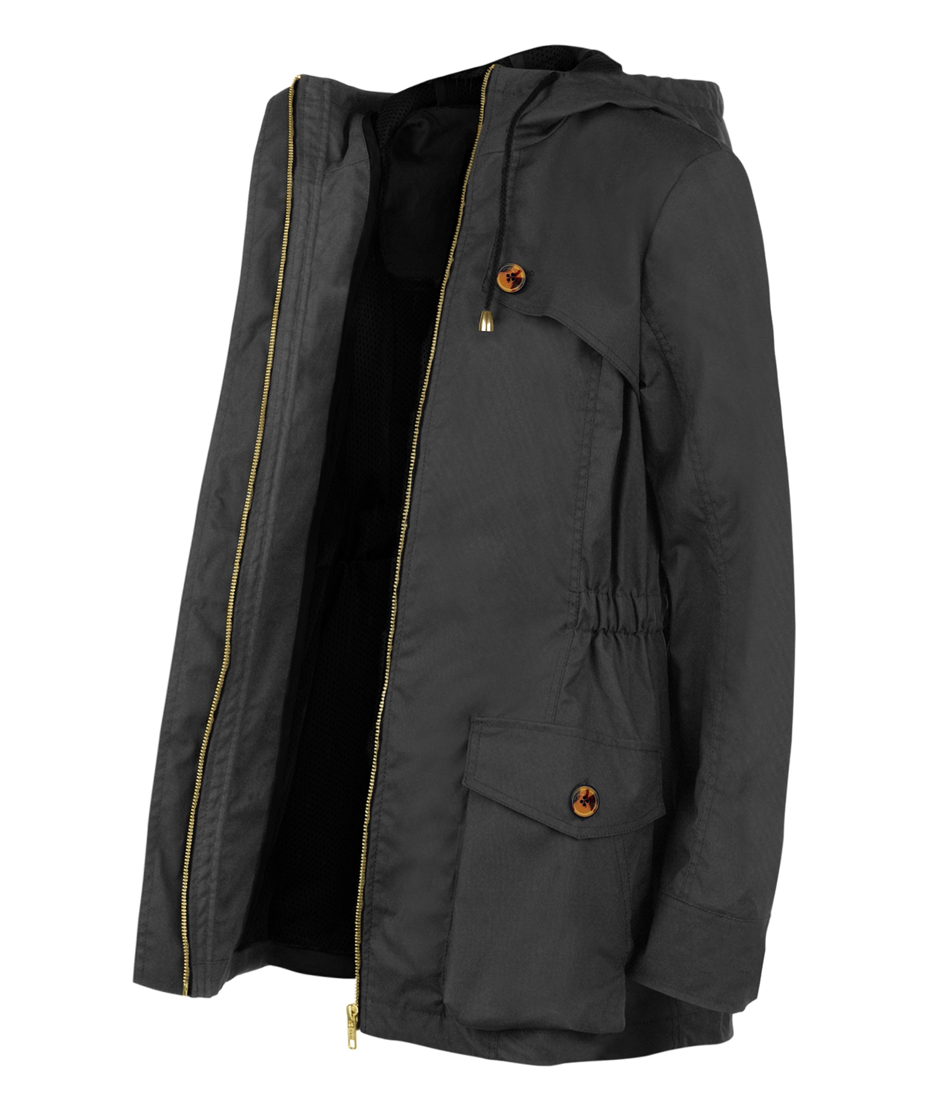 Black Ladies and Women's Waterproof Wax Jacket or Coat with Tortoiseshell Buttons