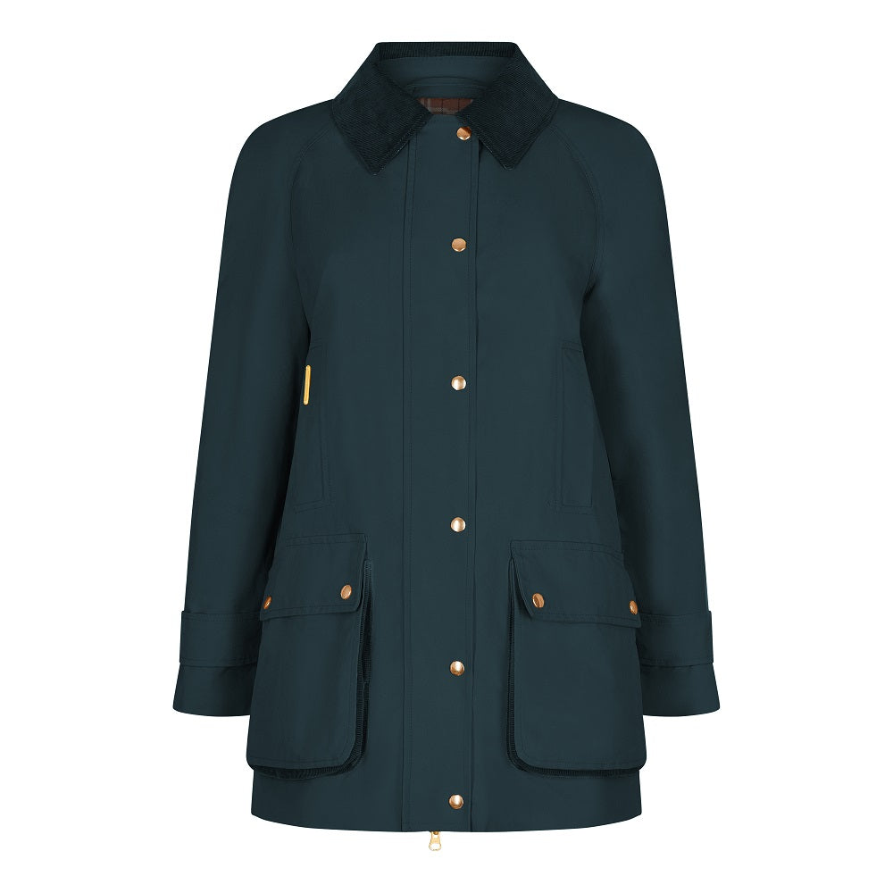 Ladies Walking Swing Coat in an A Line Shape with water resistant finish wax Jacket, Corduroy collar and contrast check lining