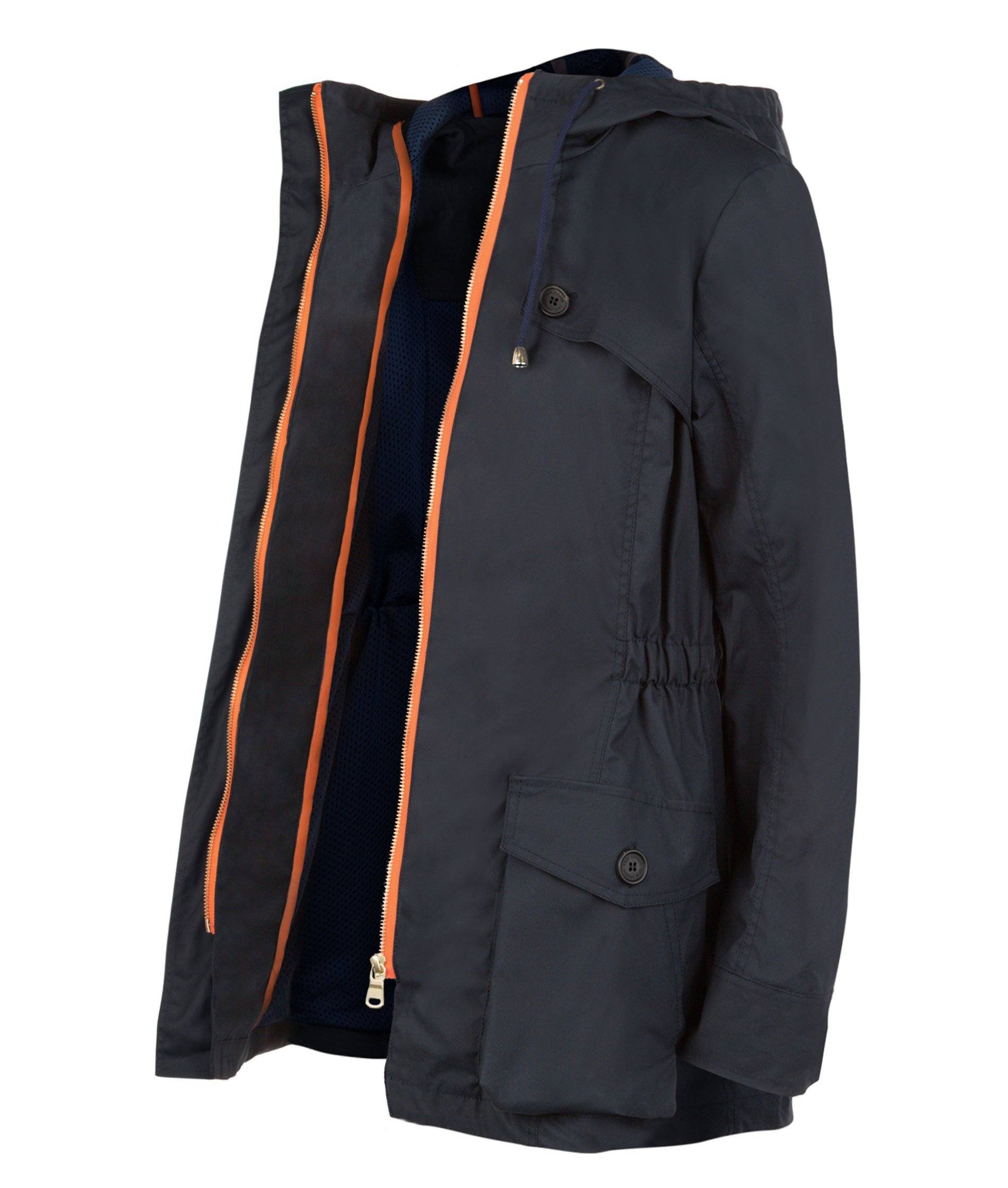 Navy Blue Ladies and Women's Waterproof Wax Jacket Wax Parka Wax Coat With Neon Orange Detail