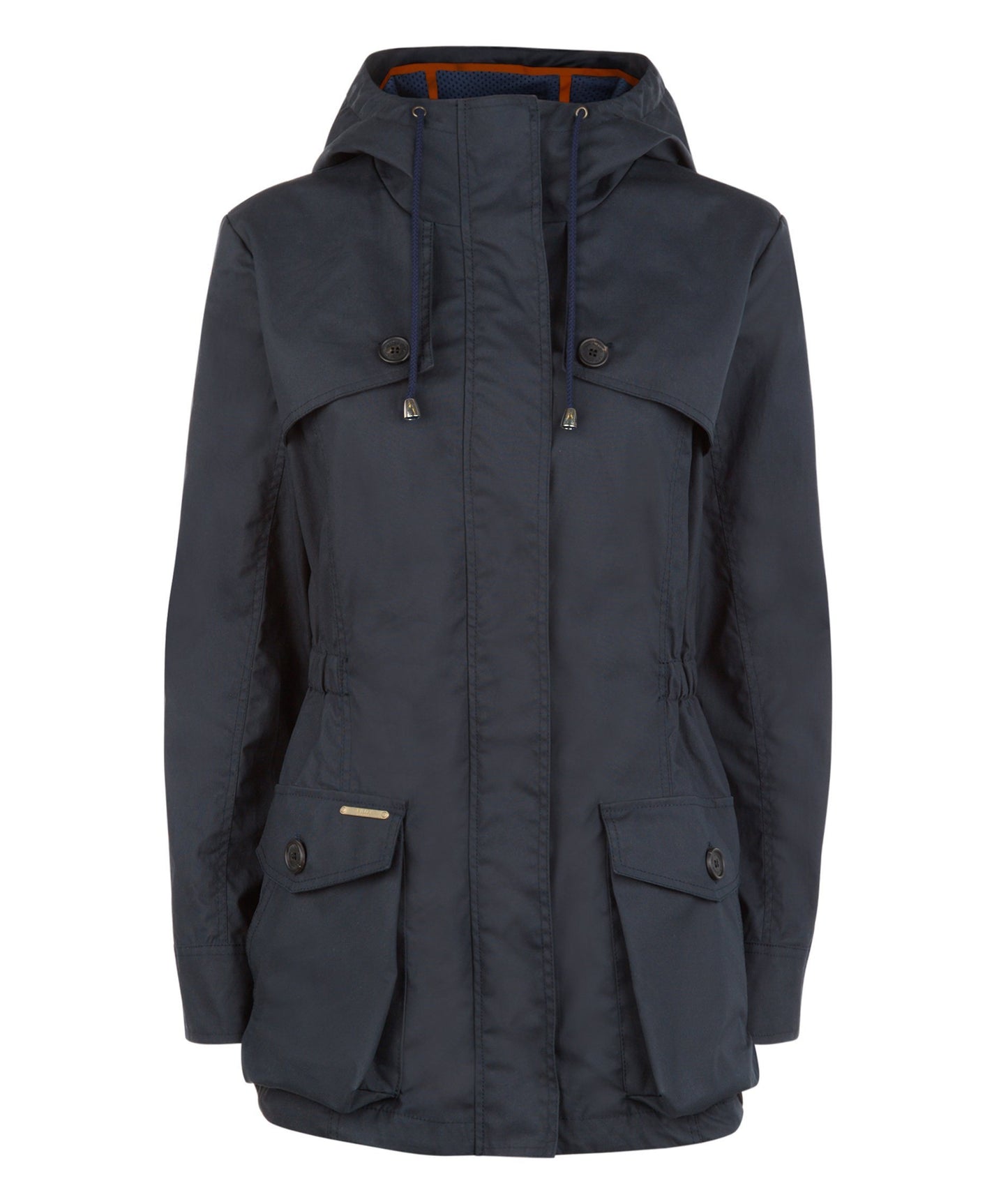 Navy Blue Ladies and Women's Waterproof Wax Jacket Wax Parka Wax Coat With Neon Orange Detail